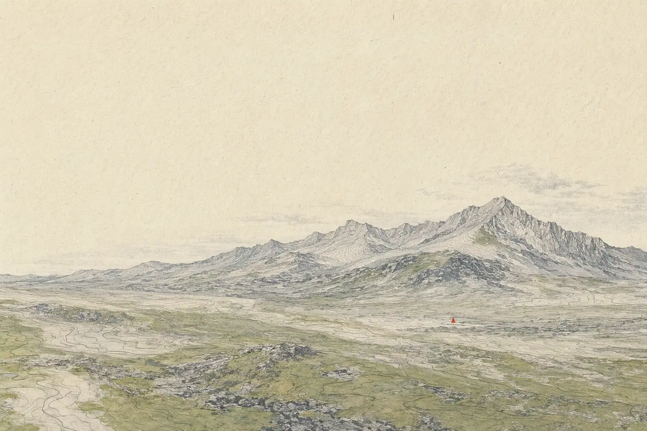 Illustrated topographic ridgeline with a small red waypoint in the distance